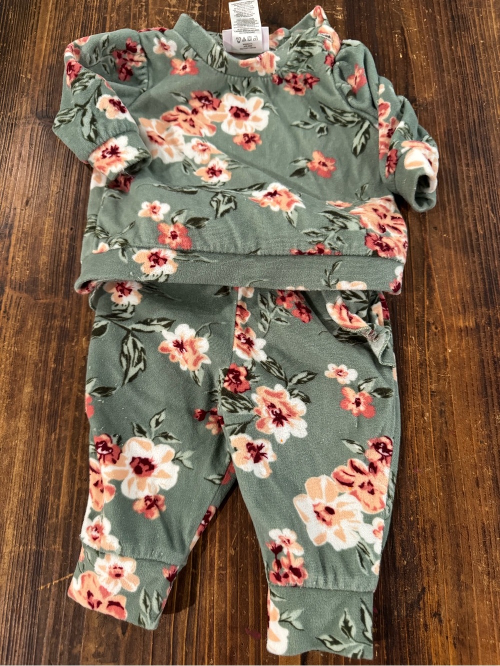 Little Lass Sage Green Floral Fleece Set with Peach Flowers